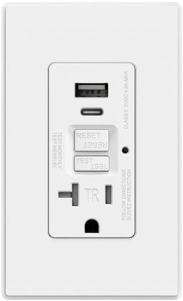 Main image of GFCI Outlet with USB Ports (Type-A & C) | 20 Amp Tamper-Resistant USB Charging Outlet | 24W Max Output, Self-Test LED Indicator, UL Listed w/Screwless Wall Plate, Matte White (1 Pack)