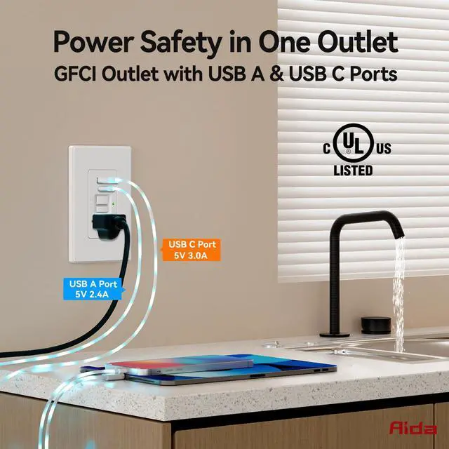 Alt view image 2 of 7 - GFCI Outlet with USB Ports (Type-A & C) | 20 Amp Tamper-Resistant USB Charging Outlet | 24W Max Output, Self-Test LED Indicator, UL Listed w/Screwless Wall Plate, Matte White (1 Pack)