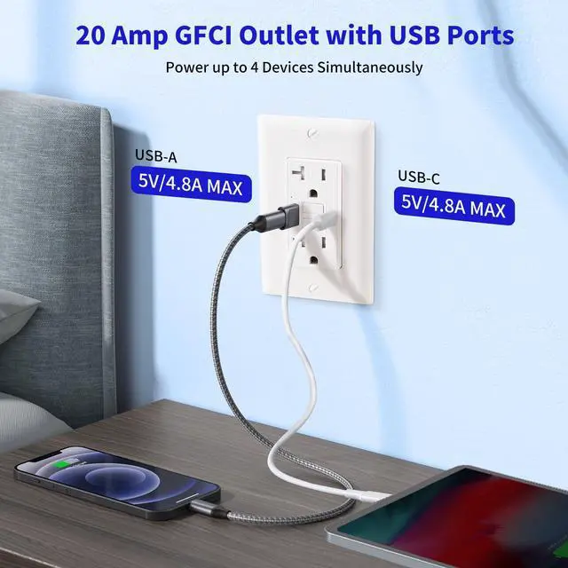 Alt view image 2 of 6 - 20 Amp Self-Test GFCI Outlet Combination with USB Type A & Type-C