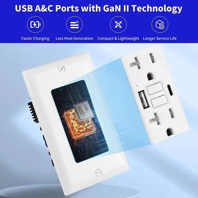 Alt view image 3 of 6 - 20 Amp Self-Test GFCI Outlet Combination with USB Type A & Type-C