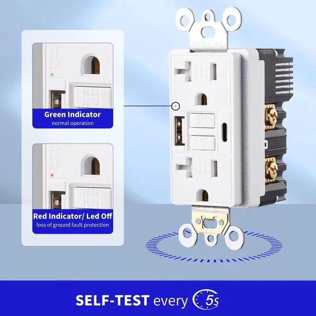 Alt view image 6 of 6 - 20 Amp Self-Test GFCI Outlet Combination with USB Type A & Type-C