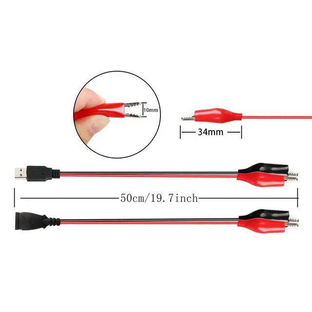 Alt view image 4 of 7 - Alligator Clip Jumper Probe to USB Male and Female Test Wre 18AWG Adapter Red and Black Wire Alligator Clip Test Wire 50 cm for Testing the Circuit