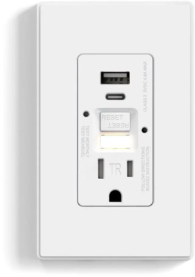 Main image of GFCI Outlet with USB Ports and Nightlight, 15 Amp Self-Test GFCI Combination with USB Ports, Tamper Resistant GFCI USB Outlet w/Nightlight, Wall Plate Included, UL Listed, Matte White, 1 Pack