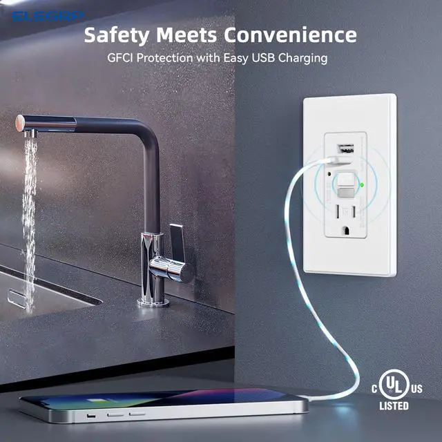 Alt view image 2 of 6 - GFCI Outlet with USB Ports and Nightlight, 15 Amp Self-Test GFCI Combination with USB Ports, Tamper Resistant GFCI USB Outlet w/Nightlight, Wall Plate Included, UL Listed, Matte White, 1 Pack