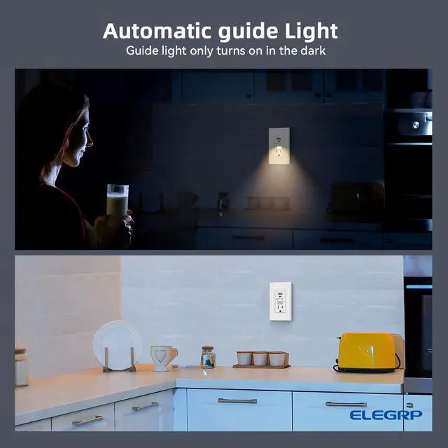 Alt view image 3 of 6 - GFCI Outlet with USB Ports and Nightlight, 15 Amp Self-Test GFCI Combination with USB Ports, Tamper Resistant GFCI USB Outlet w/Nightlight, Wall Plate Included, UL Listed, Matte White, 1 Pack