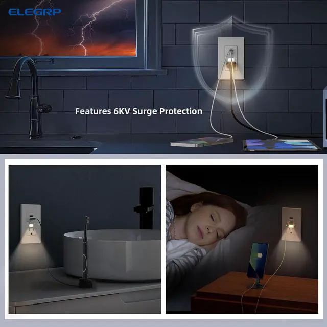 Alt view image 6 of 6 - GFCI Outlet with USB Ports and Nightlight, 15 Amp Self-Test GFCI Combination with USB Ports, Tamper Resistant GFCI USB Outlet w/Nightlight, Wall Plate Included, UL Listed, Matte White, 1 Pack