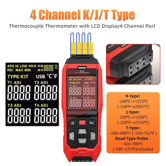 Alt view image 2 of 7 - 4 Channel Thermocouple Thermometer K/J/T Type USB Data Logger with Alarm