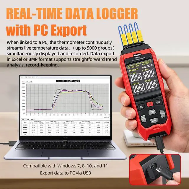 Alt view image 3 of 7 - 4 Channel Thermocouple Thermometer K/J/T Type USB Data Logger with Alarm