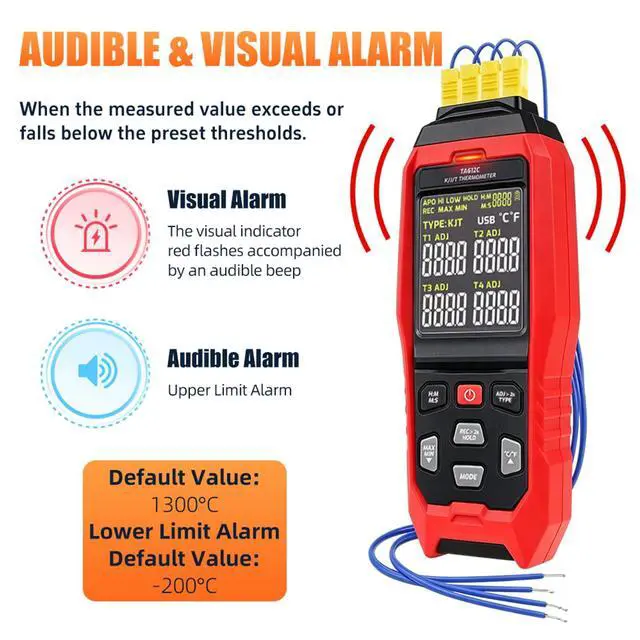 Alt view image 4 of 7 - 4 Channel Thermocouple Thermometer K/J/T Type USB Data Logger with Alarm