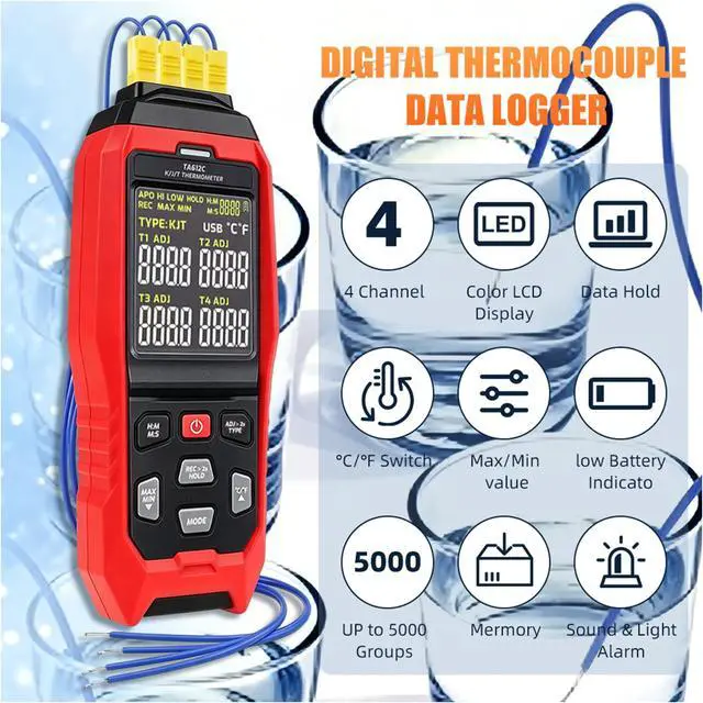 Alt view image 5 of 7 - 4 Channel Thermocouple Thermometer K/J/T Type USB Data Logger with Alarm