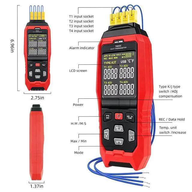 Alt view image 7 of 7 - 4 Channel Thermocouple Thermometer K/J/T Type USB Data Logger with Alarm