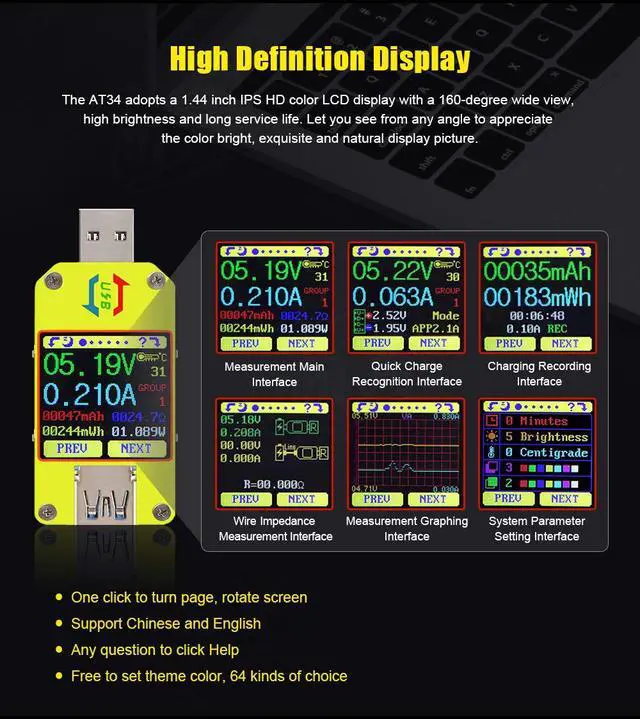 Alt view image 2 of 7 - UM34C 4A USB3.0 USB Meter Tester Voltage Current Power Charger Voltmeter Ammeter Multimeter Tester Measure Cable Resistance(UM34C)