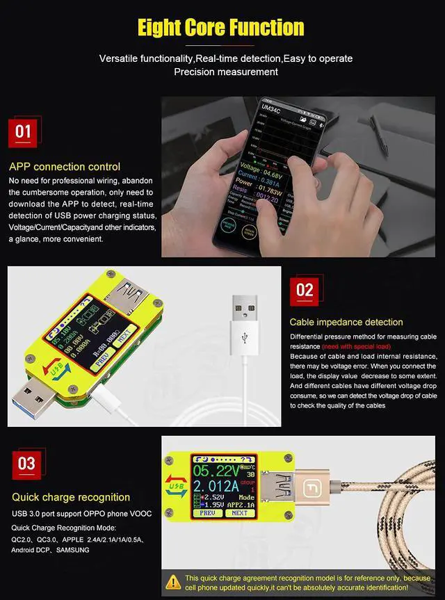 Alt view image 4 of 7 - UM34C 4A USB3.0 USB Meter Tester Voltage Current Power Charger Voltmeter Ammeter Multimeter Tester Measure Cable Resistance(UM34C)