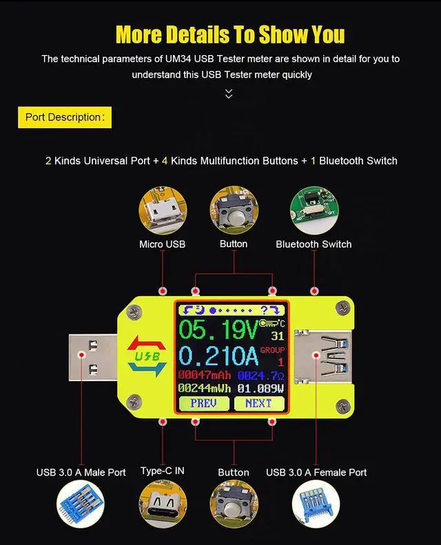 Alt view image 7 of 7 - UM34C 4A USB3.0 USB Meter Tester Voltage Current Power Charger Voltmeter Ammeter Multimeter Tester Measure Cable Resistance(UM34C)