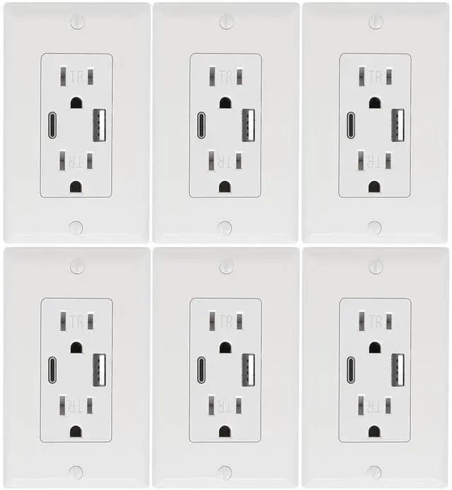 Main image of 6 Pack - Wall Outlet 15 Amp, UL Listed, USB C & USB A Port, Self-Test with LED Indicator, Tamper-Resistant Receptacle with Decor Wall Plates and Screws (White)