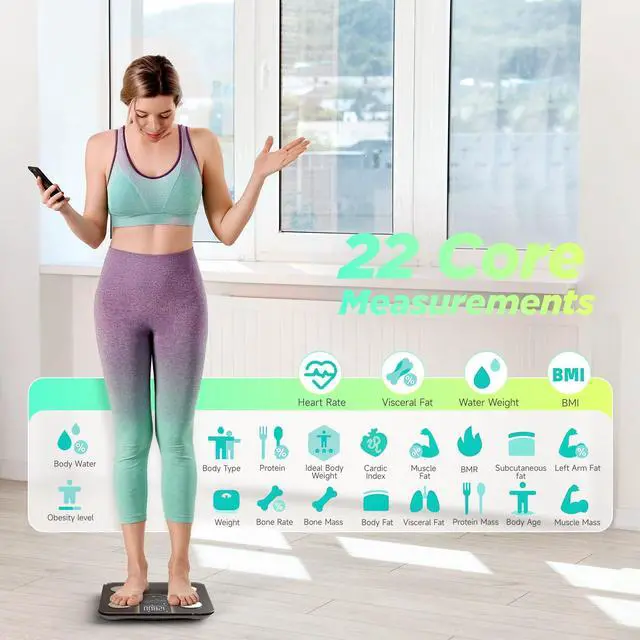 Alt view image 4 of 7 - Scale for Body Weight, Smart Scale with 8-in-1 VA Display, High Precision Bathroom Digital Scale for Body Weight Heart Rate BMI Body Fat 22 Body Composition Sync APP, FSA&HSA Eligible