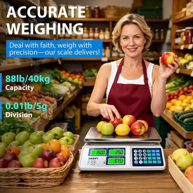 Alt view image 2 of 7 - Price Computing Scale 88lb/40kg Commercial Food Scale with Change Function, Dual LCD Displays, Rechargeable Battery for Farmers Markets, Deli, Meat, Produce,