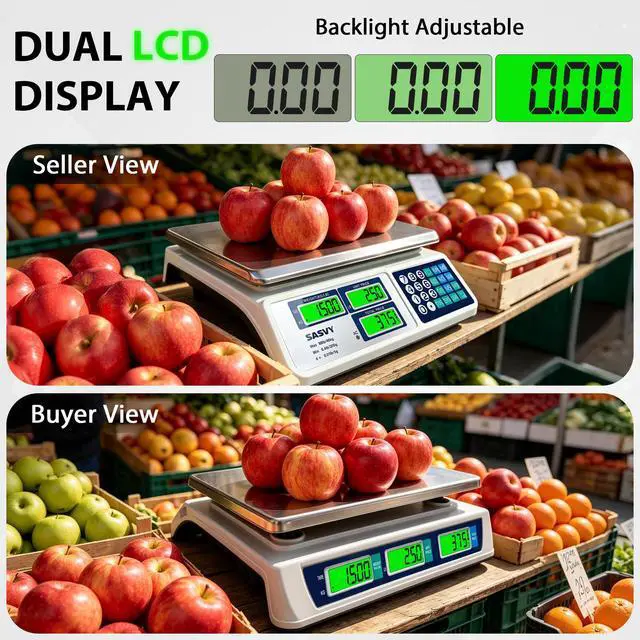 Alt view image 3 of 7 - Price Computing Scale 88lb/40kg Commercial Food Scale with Change Function, Dual LCD Displays, Rechargeable Battery for Farmers Markets, Deli, Meat, Produce,