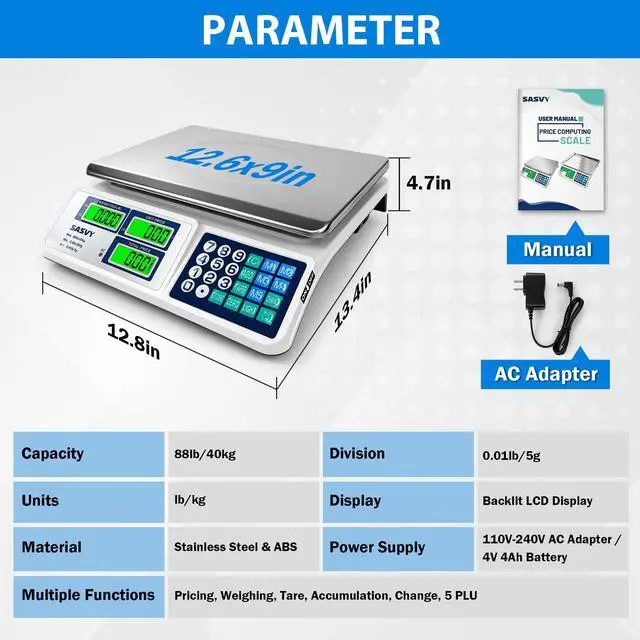 Alt view image 6 of 7 - Price Computing Scale 88lb/40kg Commercial Food Scale with Change Function, Dual LCD Displays, Rechargeable Battery for Farmers Markets, Deli, Meat, Produce,