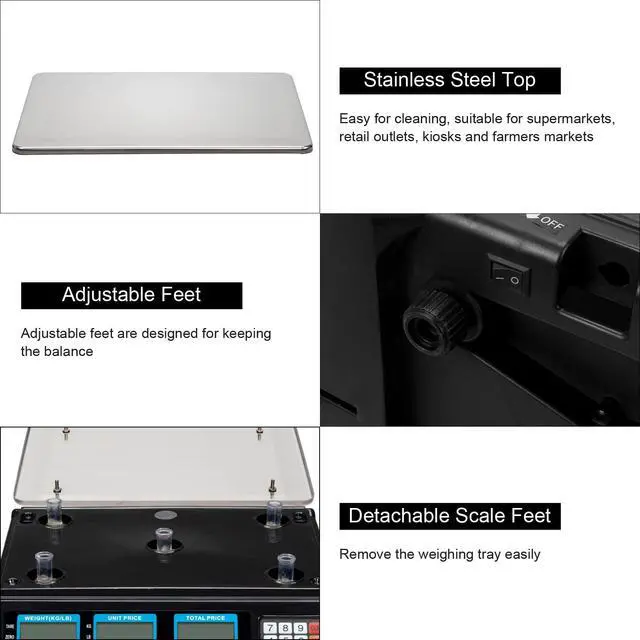 Alt view image 4 of 7 - 88LB 40KG Deli Electronic Commercial Price Computing Scale with LCD Display for Retail Outlet Store, Kitchen, Restaurant Market, Farmer, Food, Meat, Fruit - Silver & Black