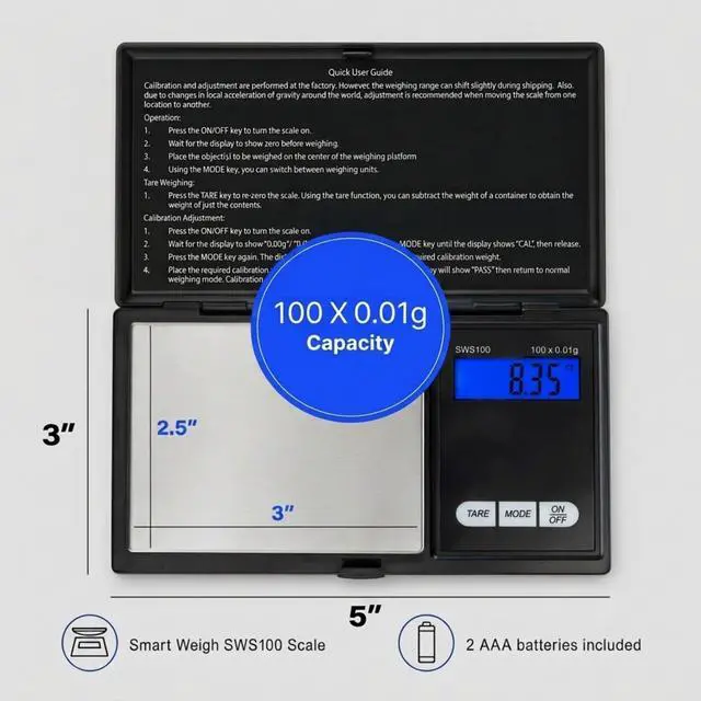 Alt view image 2 of 7 - SWS100 Digital Pocket Scale 100g x 0.01g High Precision Scale for Reloading, Jewelry, Gems, and Medicine Backlit LCD, Battery Included, Black