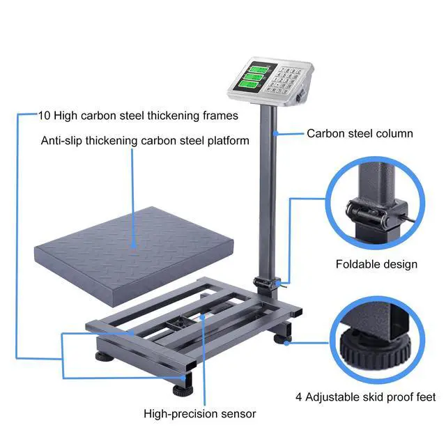 Alt view image 5 of 7 - 661lbs Electronic Industrial Commercial Platform Scale,Stainless Steel High-Definition LCD Display,Digital Floor Heavy Duty,Luggage Package Price Computing Postal Shipping MailingGrey