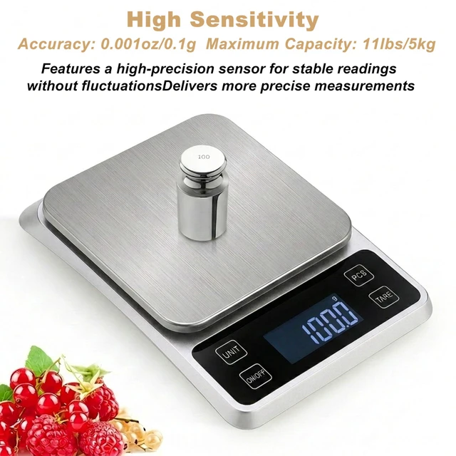 Alt view image 5 of 7 - Kitchen Digital Scale, 0.1 g/0.001 oz High Precision Electronic Scale, Max 5 kg/11 lbs, Multiple Unit Conversion, Auto Power-Off/Tare/Counting Function, Stainless Steel Weighing Platform (Silver)