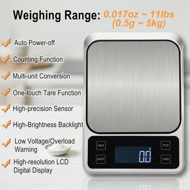 Alt view image 7 of 7 - Kitchen Digital Scale, 0.1 g/0.001 oz High Precision Electronic Scale, Max 5 kg/11 lbs, Multiple Unit Conversion, Auto Power-Off/Tare/Counting Function, Stainless Steel Weighing Platform (Silver)