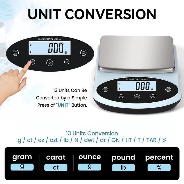 Alt view image 5 of 7 - Analytical Balance 5000g x 0.01g Digital Gram Scale 0.01g Accuracy Precision Lab Scale 13 Unit High Precision Digital Scale for Laboratory, Jewelry Weighing