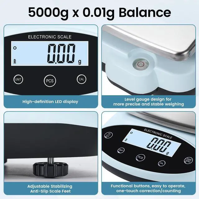 Alt view image 6 of 7 - Analytical Balance 5000g x 0.01g Digital Gram Scale 0.01g Accuracy Precision Lab Scale 13 Unit High Precision Digital Scale for Laboratory, Jewelry Weighing