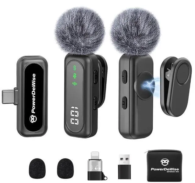 Main image of Wireless Lavalier Microphone for iPhone & Android, 2 Pack Mini Mic with USB-C/Lightning/USB-A Receiver, Plug & Play No Bluetooth, AI Noise Cancelling Lapel Mic for TikTok YouTube Vlog Podcast