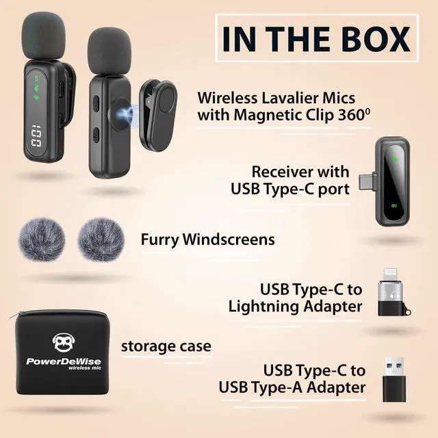 Alt view image 2 of 5 - Wireless Lavalier Microphone for iPhone & Android, 2 Pack Mini Mic with USB-C/Lightning/USB-A Receiver, Plug & Play No Bluetooth, AI Noise Cancelling Lapel Mic for TikTok YouTube Vlog Podcast