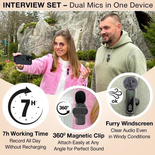 Alt view image 3 of 5 - Wireless Lavalier Microphone for iPhone & Android, 2 Pack Mini Mic with USB-C/Lightning/USB-A Receiver, Plug & Play No Bluetooth, AI Noise Cancelling Lapel Mic for TikTok YouTube Vlog Podcast