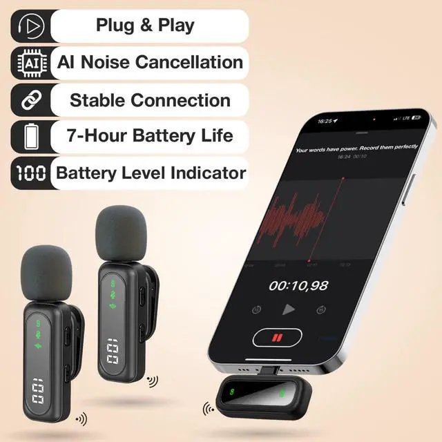 Alt view image 5 of 5 - Wireless Lavalier Microphone for iPhone & Android, 2 Pack Mini Mic with USB-C/Lightning/USB-A Receiver, Plug & Play No Bluetooth, AI Noise Cancelling Lapel Mic for TikTok YouTube Vlog Podcast