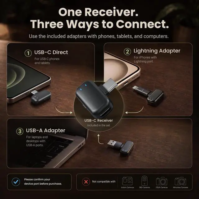 Alt view image 5 of 7 - Mini Wireless Lavalier Microphone for iPhone Android Camera, Dual Channel Wireless Microphones with AI Noise Cancellation, 328ft Range, 36H Battery Case, Type-C, Lightning & USB Plug & Play