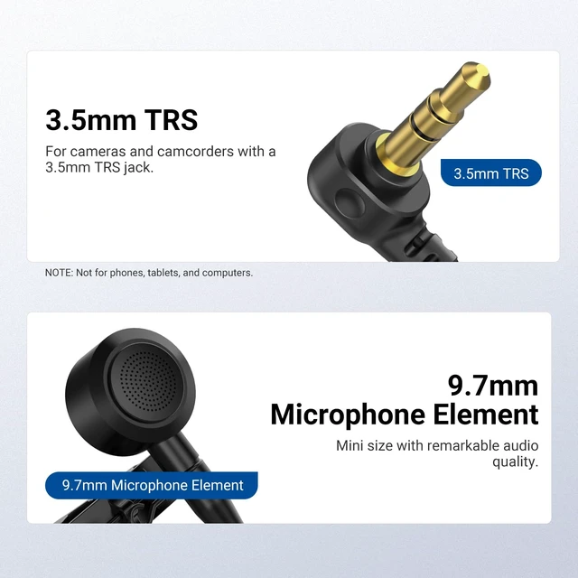 Alt view image 4 of 7 - ø9.7mm Lavalier Microphone (2 Pack), 3.5mm TRS Clip On Lapel Wired Omnidirectional Condenser Lav Mic with 1.5m Cable & Windscreen for Video Recording, Vlogging, Filming, LM10