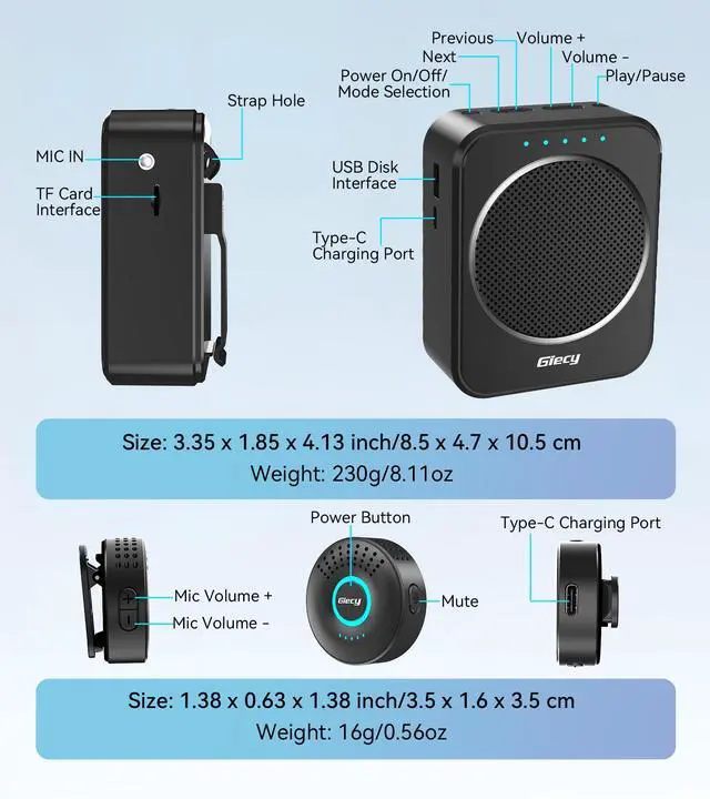Alt view image 6 of 7 - Portable Voice Amplifier with Wireless Lapel Microphone, Personal Microphone for Teachers, Rechargeable PA System for Classroom,Yoga, Meetings, Speeches