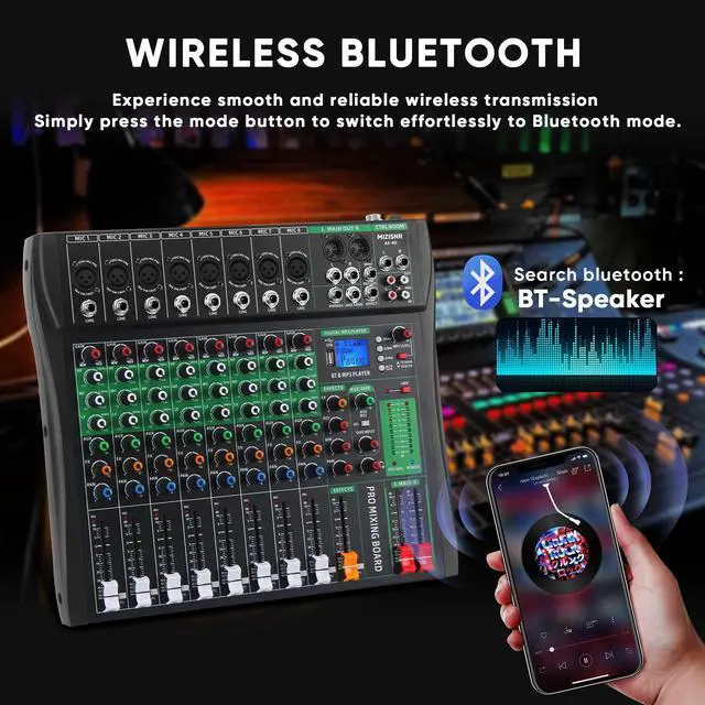 Alt view image 2 of 7 - 8 Channel Audio Mixer, Professional DJ Mixer Board Sound Music Mixing Console Digital Mixer with Reverb, Bluetooth, USB Port, 48V Phantom Power for Recording Karaoke Podcasting