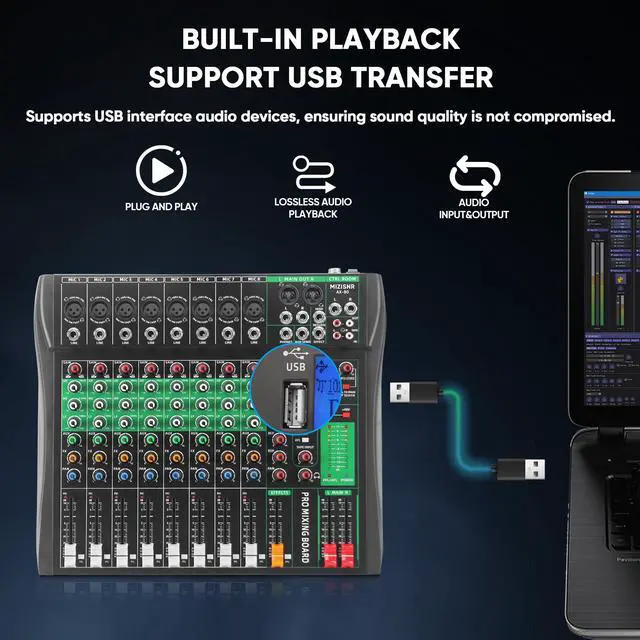 Alt view image 5 of 7 - 8 Channel Audio Mixer, Professional DJ Mixer Board Sound Music Mixing Console Digital Mixer with Reverb, Bluetooth, USB Port, 48V Phantom Power for Recording Karaoke Podcasting