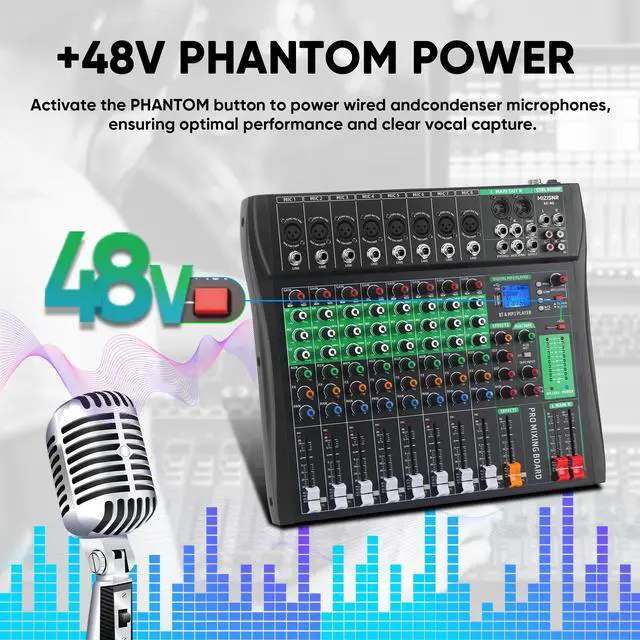 Alt view image 6 of 7 - 8 Channel Audio Mixer, Professional DJ Mixer Board Sound Music Mixing Console Digital Mixer with Reverb, Bluetooth, USB Port, 48V Phantom Power for Recording Karaoke Podcasting