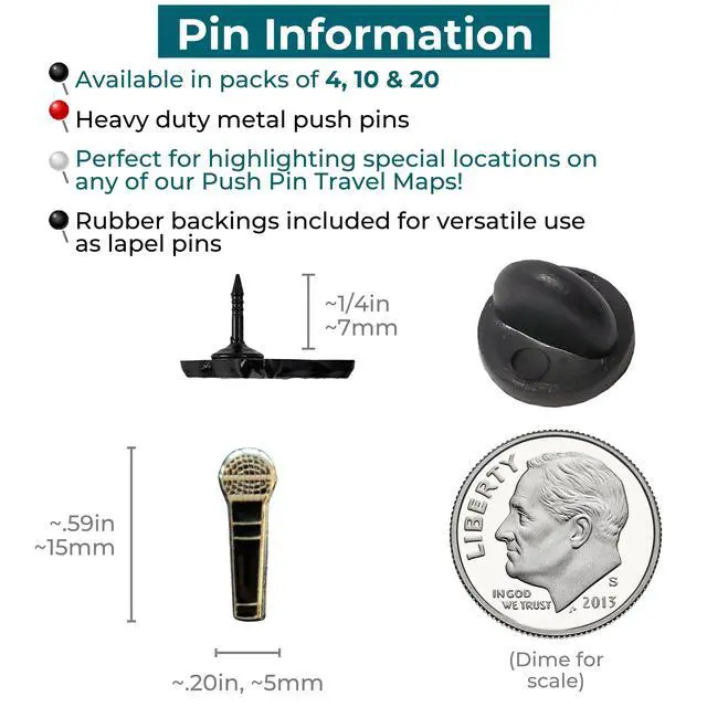Alt view image 2 of 4 - Microphone - Microphone Map Pins for Cork Boards, Maps, or Lapel Use - Designed in USA - Set of 20