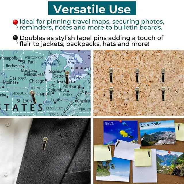 Alt view image 3 of 4 - Microphone - Microphone Map Pins for Cork Boards, Maps, or Lapel Use - Designed in USA - Set of 20