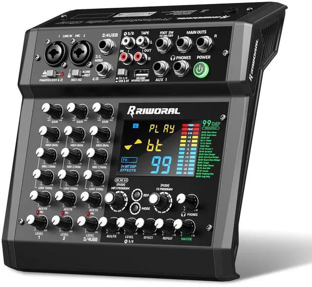 Main image of 6 Channel Audio Interface Mixer Sound Board 99 DSP Digital Effects With 48khz/24bit Bluetooth USB Rac Interface As Mp3 Player Audio Mixer Feet Switch On/off For Karaoke Dj Studio Streaming Recording