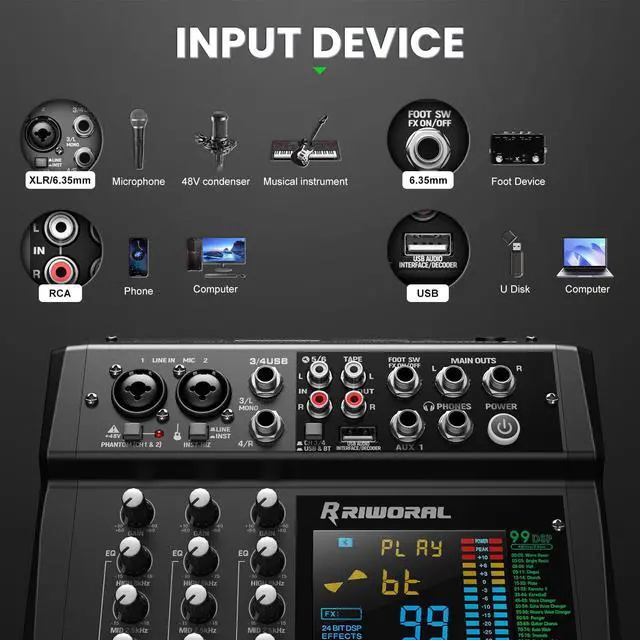 Alt view image 2 of 7 - 6 Channel Audio Interface Mixer Sound Board 99 DSP Digital Effects With 48khz/24bit Bluetooth USB Rac Interface As Mp3 Player Audio Mixer Feet Switch On/off For Karaoke Dj Studio Streaming Recording