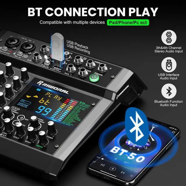 Alt view image 3 of 7 - 6 Channel Audio Interface Mixer Sound Board 99 DSP Digital Effects With 48khz/24bit Bluetooth USB Rac Interface As Mp3 Player Audio Mixer Feet Switch On/off For Karaoke Dj Studio Streaming Recording