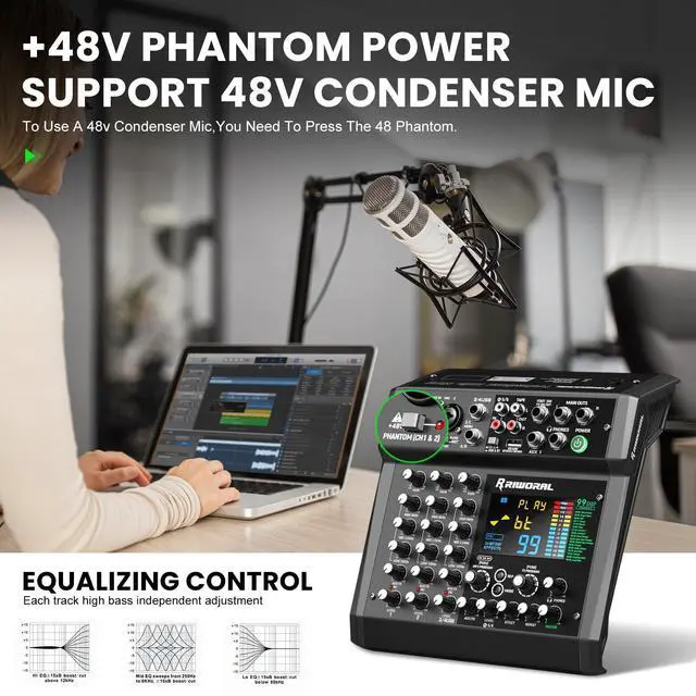 Alt view image 4 of 7 - 6 Channel Audio Interface Mixer Sound Board 99 DSP Digital Effects With 48khz/24bit Bluetooth USB Rac Interface As Mp3 Player Audio Mixer Feet Switch On/off For Karaoke Dj Studio Streaming Recording