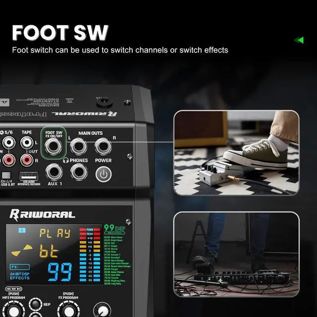 Alt view image 5 of 7 - 6 Channel Audio Interface Mixer Sound Board 99 DSP Digital Effects With 48khz/24bit Bluetooth USB Rac Interface As Mp3 Player Audio Mixer Feet Switch On/off For Karaoke Dj Studio Streaming Recording
