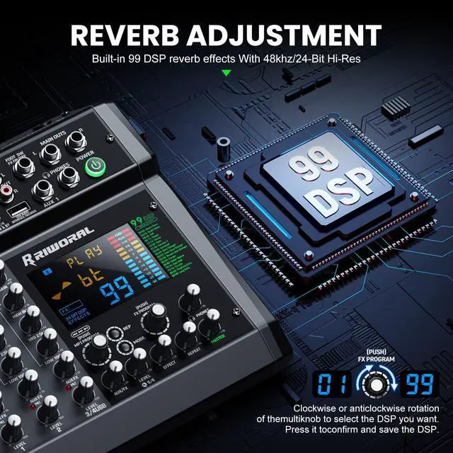 Alt view image 6 of 7 - 6 Channel Audio Interface Mixer Sound Board 99 DSP Digital Effects With 48khz/24bit Bluetooth USB Rac Interface As Mp3 Player Audio Mixer Feet Switch On/off For Karaoke Dj Studio Streaming Recording