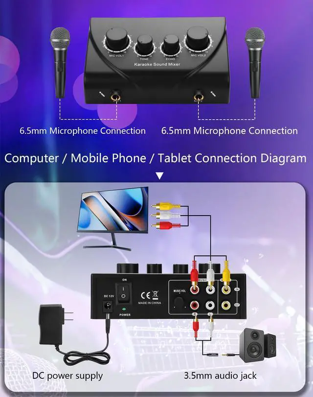 Alt view image 4 of 7 - Karaoke Sound Mixer, Dual MIC Input with Echo Control Compatible with TV, Computer, Smartphone & Tablet for Home Karaoke Parties