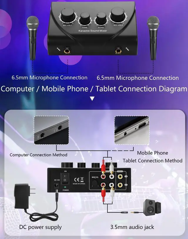 Alt view image 5 of 7 - Karaoke Sound Mixer, Dual MIC Input with Echo Control Compatible with TV, Computer, Smartphone & Tablet for Home Karaoke Parties